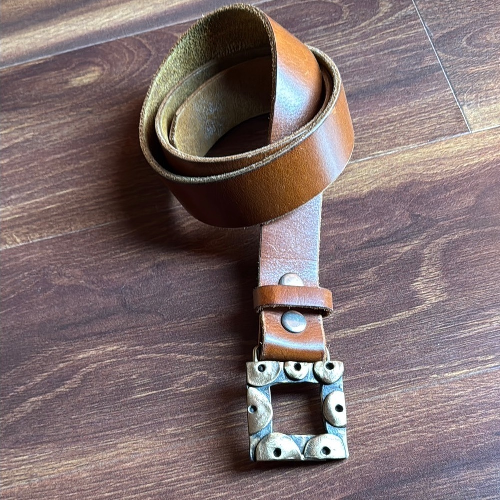 Women's Tan Leather Belt with Decorative Square Buckle